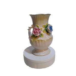 Vintage Japan floral two side handle flower vase gold trim
